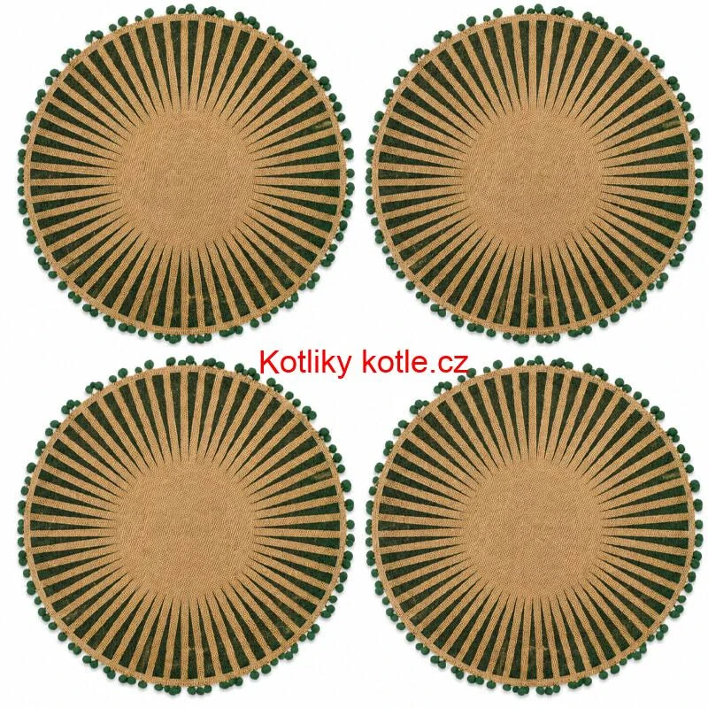 Kulaté jutové podložky pod talíř zelené s bambulkami 37 cm, 4 ks
