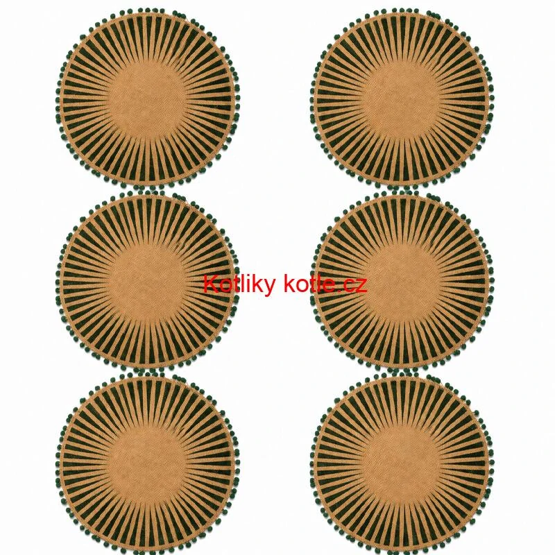 Kulaté jutové podložky pod talíř zelené s bambulkami 37 cm, 6 ks