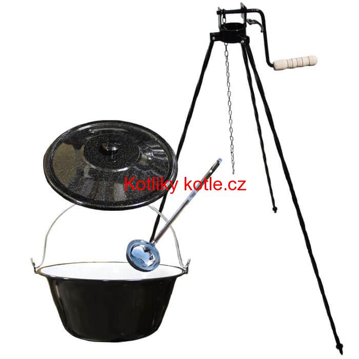 Smaltovaný kotlík 13 L + poklice + stojan s kladkou VAR