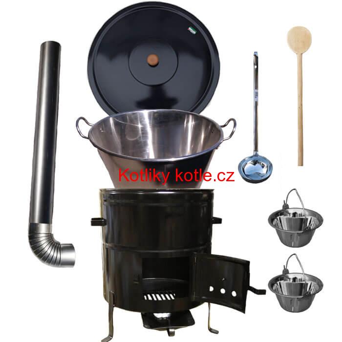 Zabijačkový nerezový kotel 80 L, kovová kotlina 58 cm, smaltovaná poklice + 2 servírovací nerezové kotlíky zdarma