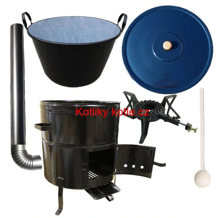 Zabijačkový smaltovaný kotel 50 L + kovová kotlina 50 cm + hořák 7 kW + kouřovod