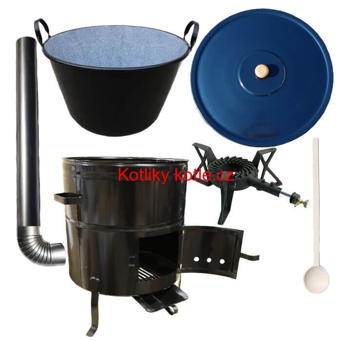 Zabijačkový smaltovaný kotel 80 L + kovová kotlina 58 cm + hořák 7 kW a  kouřovod