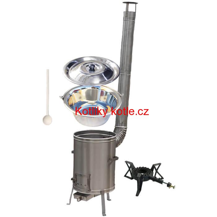 Nerezový kotlík 10 L (1,2 mm) + nerezová kotlina 36 cm + litinový hořák 7 kW, vařečka LUX