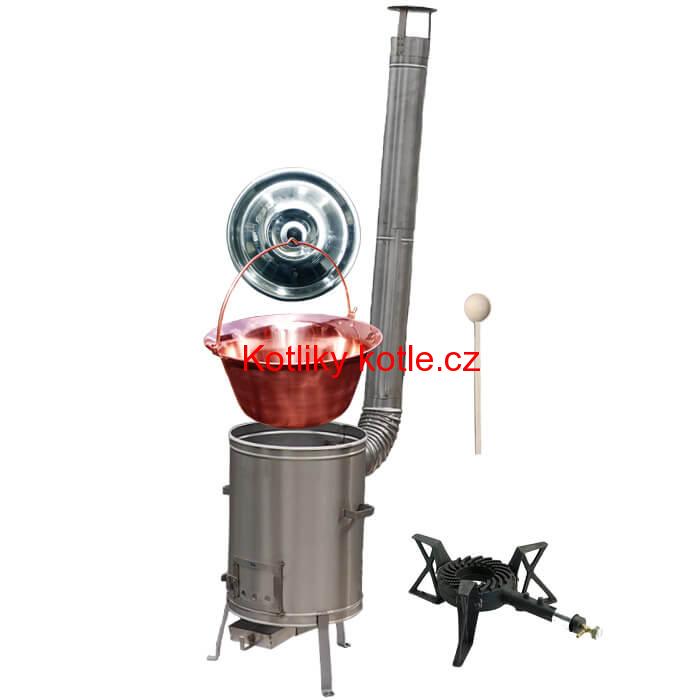 Měděný kotlík 10 L (1,2 mm) + nerezová kotlina 36 cm + litinový hořák 7 kW, vařečka LUX