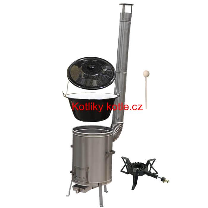 Smaltovaný kotlík 13 L (1,2 mm) + nerezová kotlina 36 cm + litinový hořák 7 kW, vařečka LUX