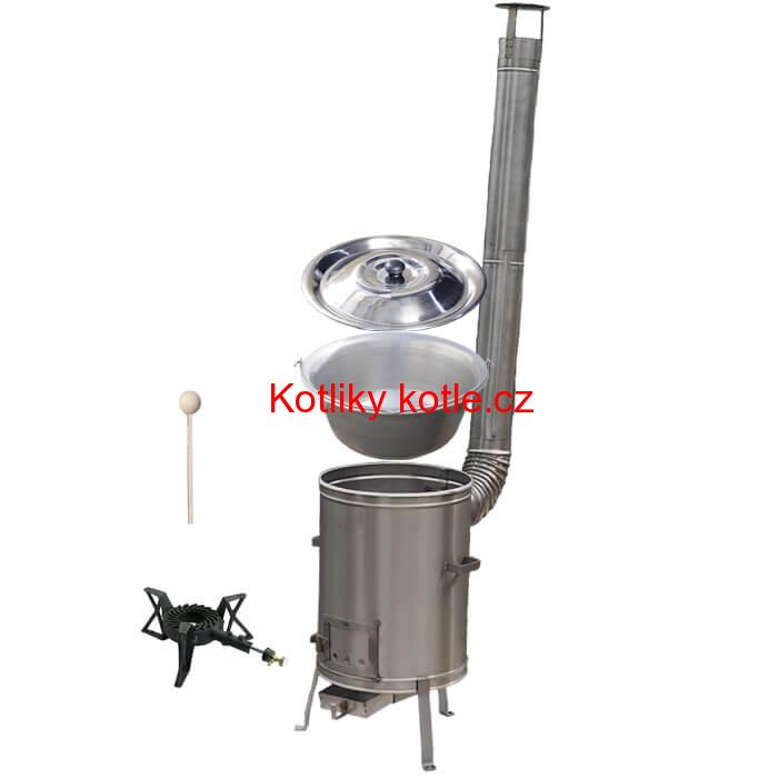 Nerezový kotlík 15 L (1,5 mm) + nerezová kotlina 36 cm + litinový hořák 7 kW, vařečka LUX