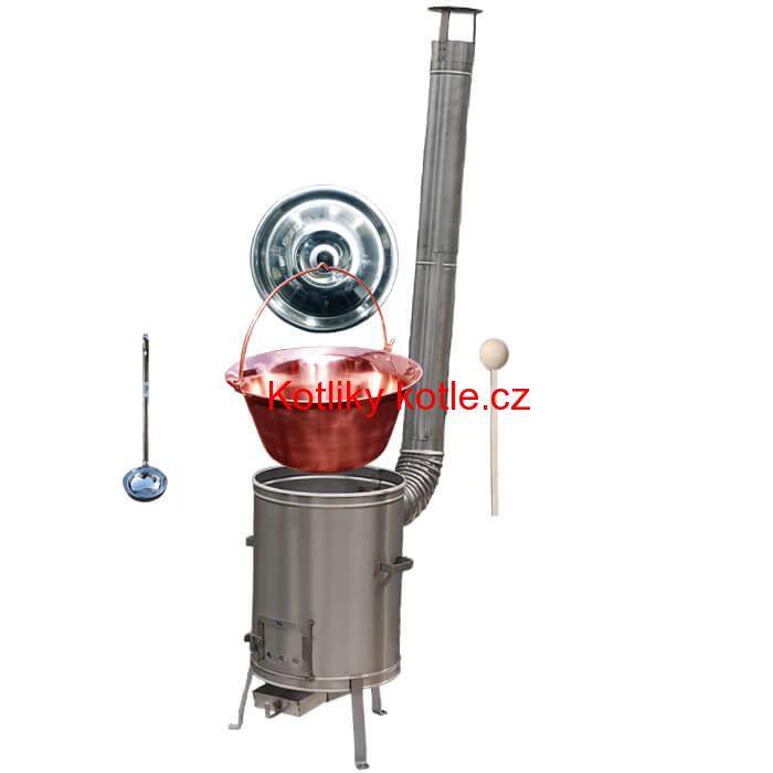 Měděný kotlík 30 L (1,2 mm) + nerezová kotlina 45 cm + vařečka a naběračka LUX