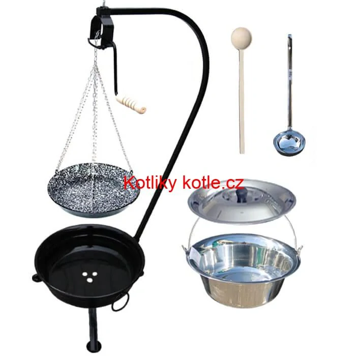 Nerezový kotlík 15 L (1,2 mm) INOX + smaltovaná pánev + ohniště se stojanem as pojistnou kladkou VAR
