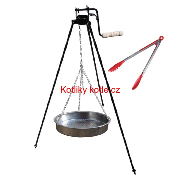 Nerezová pánev s řetízkem 49 cm + trojnožka s pojistnou kladkou a obracečka na maso GRILL PARTY 3