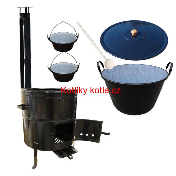 Zabijačkový smaltovaný kotel 70 L + kovová kotlina 56 cm + 2 servírovací kotlíky  a kouřovod