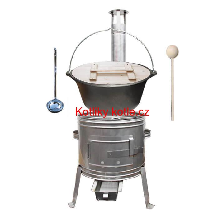 Litinový kotlík 22 L (0,8 cm) + nerezová kotlina 45 cm + vařečka a naběračka TOPLUX
