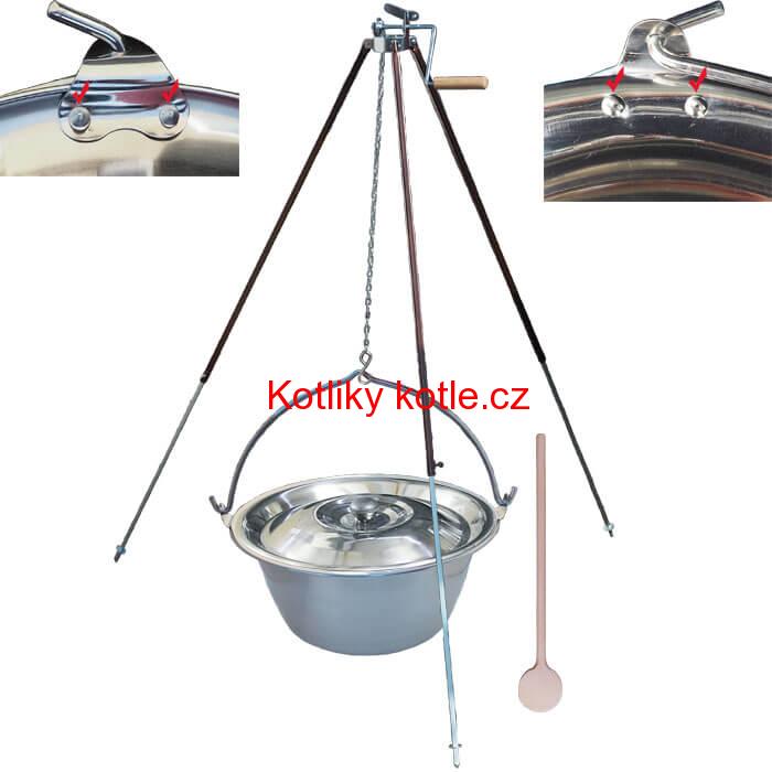 Nerezový kotlík 15 L (0,8 mm) s nýty + teleskopická trojnožka s pojistnou kladkou + poklice