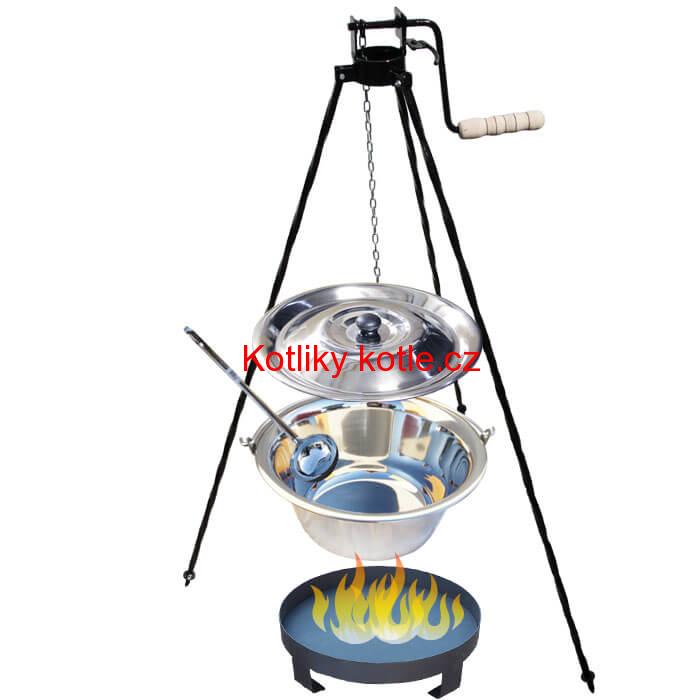 Nerezový kotlík 14 L (0,8 mm) + Ohniště + stojan s kladkou VAR