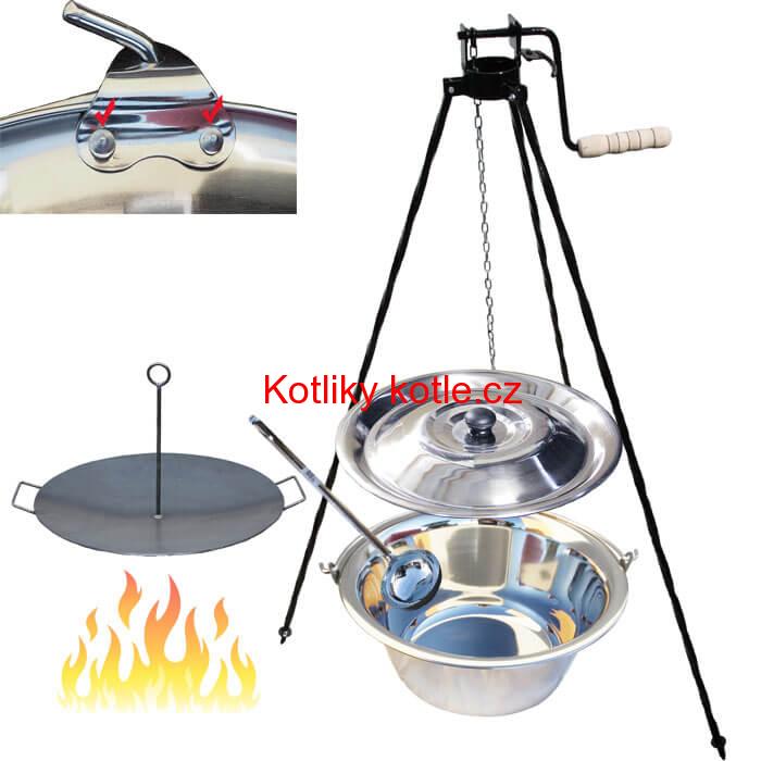 Nerezový kotlík 15 L (0,8 mm) s nýty + pánev na grilování a stojan s kladkou VAR