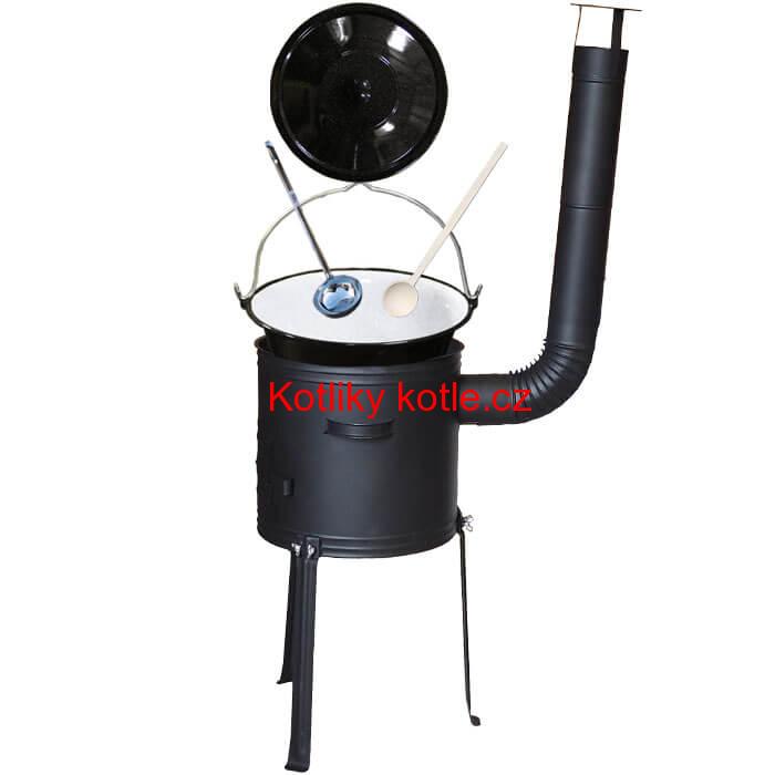 Smaltovaný kotlík 20 L + kovová kotlina s vysokými nožičkami 42 cm, žáruvzdorná barva Plus 700 + vařečka a naběračka