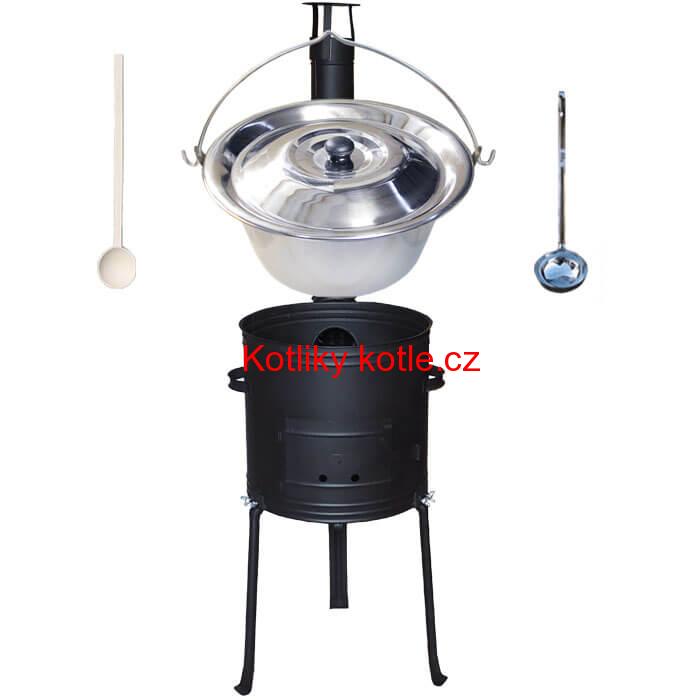 Nerezový kotlík 15 L (1,2 mm) + kovová kotlina s vysokými nožičkami 36 cm, žáruvzdorná barva Plus 700 + vařečka a naběračka