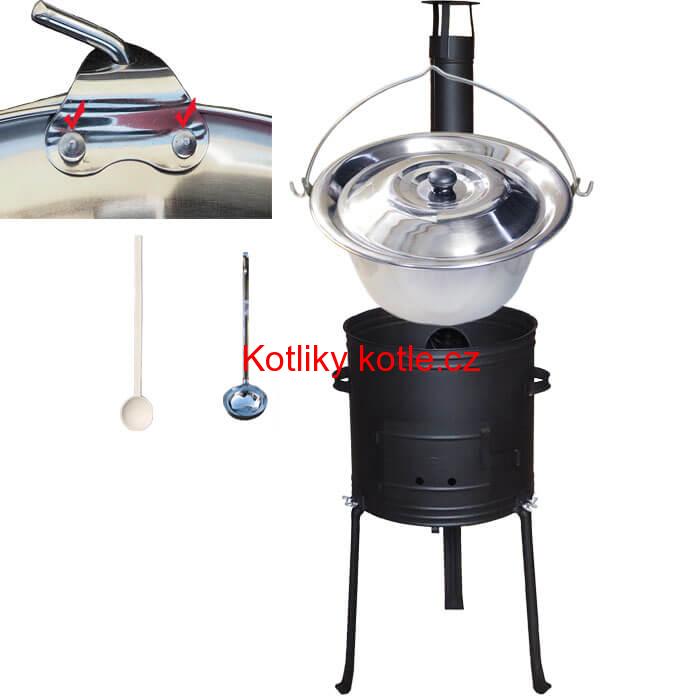 Nerezový kotlík 15 L (0,8 mm) zesílený s nýty + kovová kotlina s vysokými nožičkami 36 cm, žáruvzdorná barva Plus 700 + vařečka a naběračka