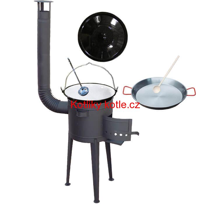 Smaltovaný kotlík 20 L (1,2 mm) + Paella ocelová pánev 46 cm + žáruvzdorná vysoká kotlina 42 PLUS 600