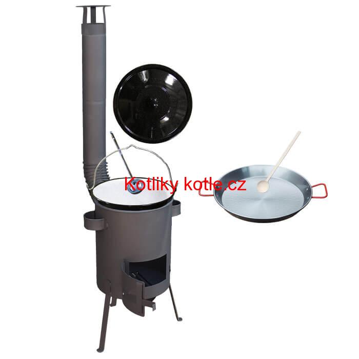 Smaltovaný kotlík 16 L + Paella ocelová pánev 42 cm + žáruvzdorná kotlina 39 PLUS 600 s roštem na popel 4 mm