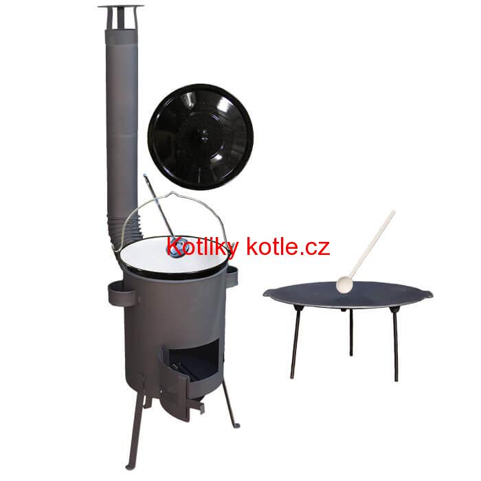 Smaltovaný kotlík 20 L + Litinová pánev 45 cm + žáruvzdorná kotlina 42 PLUS 600 s roštem na popel 4 mm