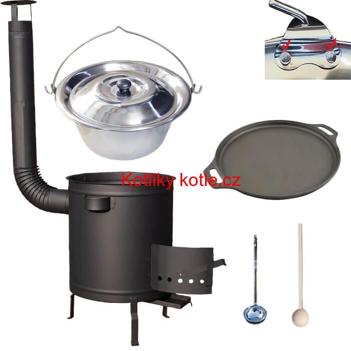 Nerezový kotlík 20 L (0,8 mm) zesílený s nýty + Litinová pánev 43 cm + silnostěnná (1,5 mm) a žáruvzdorná kotlina 42 PLUS 600