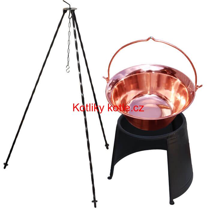 Měděný kotlík 14 L (1,2 mm) + chránič plamene 37 cm + trojnožka 1,2 m