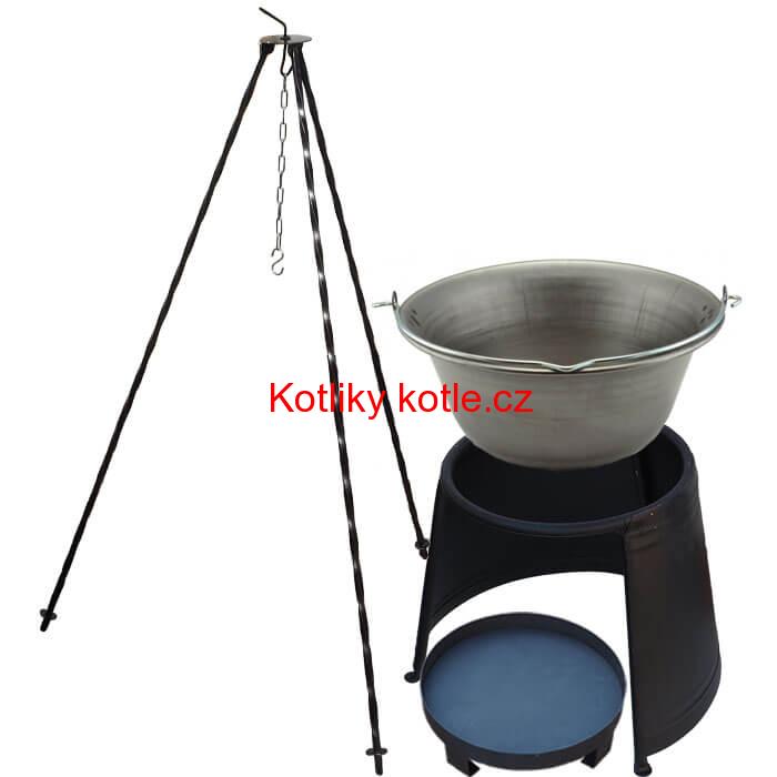 Železný kotlík 14 L (0,75 mm) + chránič plamene 37 cm + ohniště 36 cm + trojnožka 1,2 m