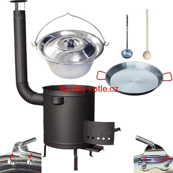 Nerezový kotlík 15 L (0,8 mm) zesílený s nýty + Paella pánev 38 cm + silnostěnná (1,5 mm) žáruvzdorná kotlina 36 PLUS 600