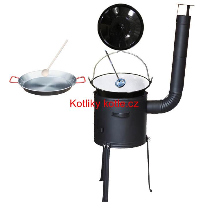 Smaltovaný kotlík 13 L (1,2 mm) + Paella pánev 38 cm + kotlina s vysokými nožičkami 36 cm, žáruvzdorná barva Plus 700