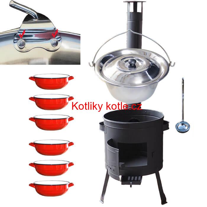 Nerezový kotlík 15 L (0,8 mm) s nýty INOX + selské misky 6 ks + nízká žáruvzdorná kotlina 36 cm PLUS 600