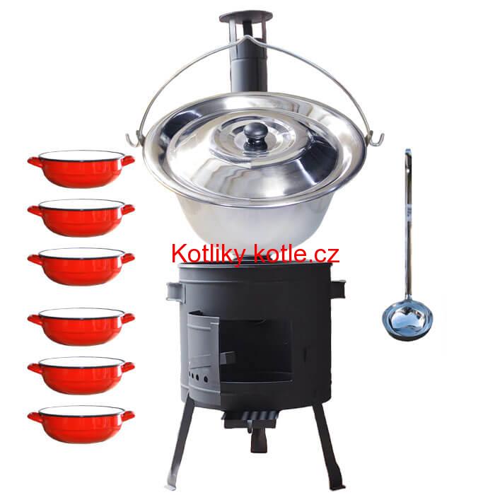Nerezový kotlík 22 L (0,8 mm) INOX + selské misky 6 ks + nízká žáruvzdorná kotlina 42 cm PLUS 600
