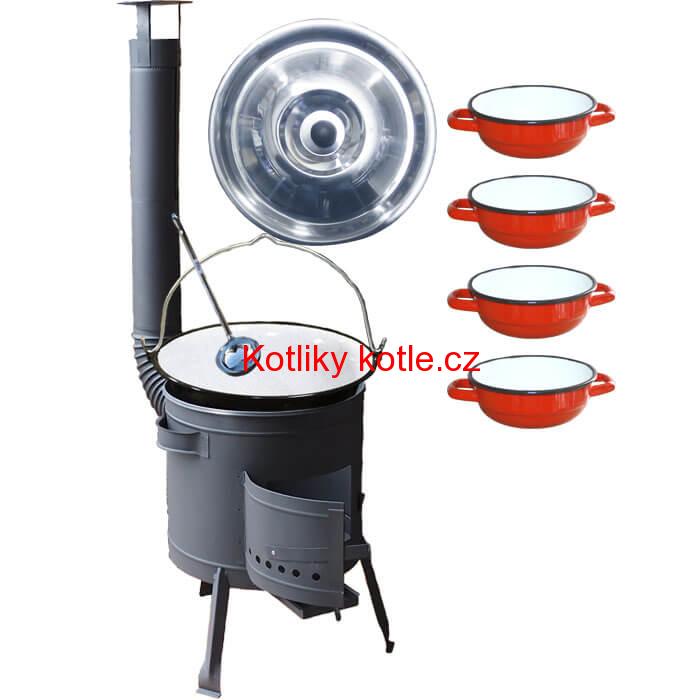 Smaltovaný kotlík 30 L + selské misky 4 ks + nízká žáruvzdorná kotlina 45 cm PLUS 600