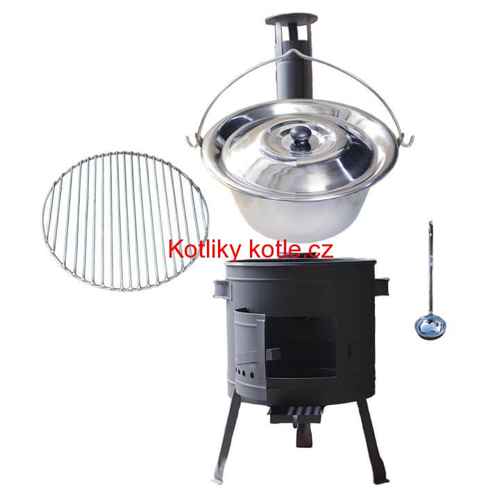 Nerezový kotlík 22 L (0,8 mm) INOX + Nerezový rošt 45 cm + nízká žáruvzdorná kotlina 42 cm PLUS 600