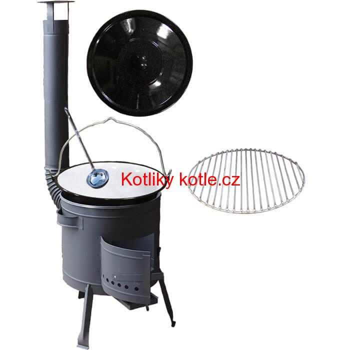 Smaltovaný kotlík 20 L + Nerezový rošt 45 cm + nízká žáruvzdorná kotlina 42 cm PLUS 600