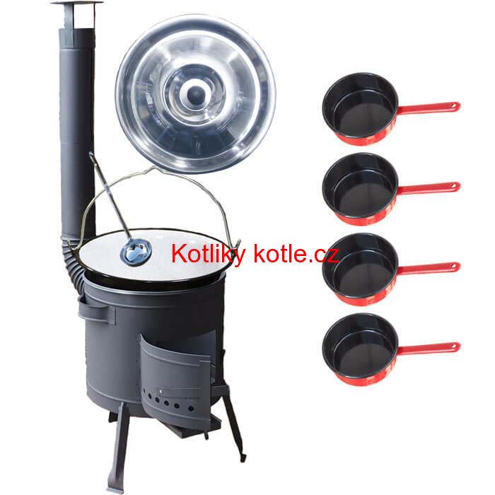 Smaltovaný kotlík 30 L + smaltovaný rendlík 4 ks + nízká žáruvzdorná kotlina 45 cm PLUS 600