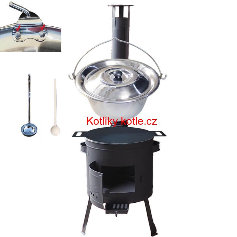 Nerezový kotlík 15 L (0,8 mm) s nýty + železná pánev 38 cm UNI + kotlina 36 cm PLUS 600