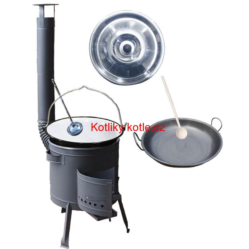 Smaltovaný kotlík 30 L (1,2 mm) + železná pánev 46 cm WOK + nízká žáruvzdorná kotlina 42 cm PLUS 600