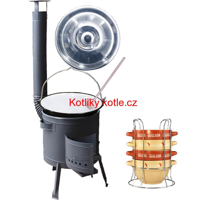 Smaltovaný kotlík 25 L (1,2 mm) + misky na guláš 4 ks + nízká žáruvzdorná kotlina 42 PLUS 600