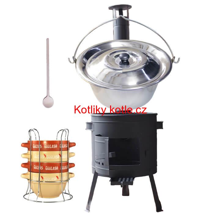 Nerezový kotlík 22 L (0,8 mm) INOX + misky na guláš 4 ks + nízká žáruvzdorná kotlina 42 PLUS 600