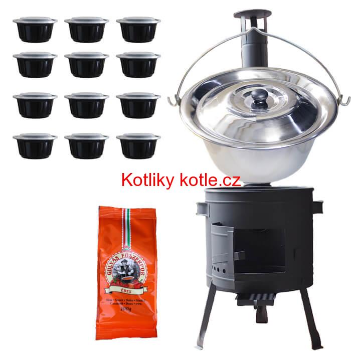 Nerezový kotlík 22 L (0,8 mm) + pepř na guláš 100 g + misky 12 ks + nízká žáruvzdorná kotlina (0,8 mm) 42 PLUS 600