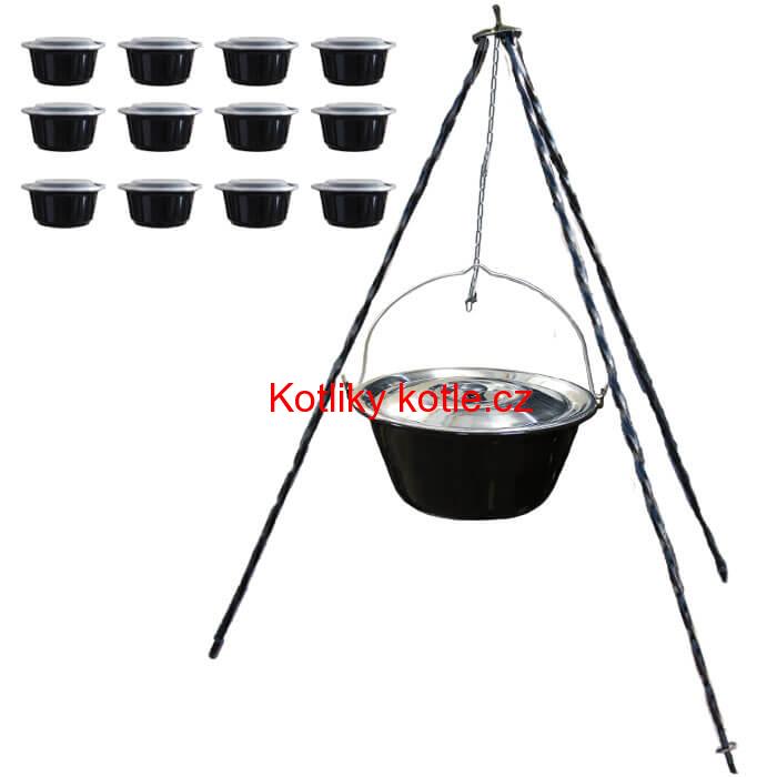 Smaltovaný kotlík 16 L (1,2 mm) + nerezová poklice + trojnožka 1,20 m + misky 12 ks