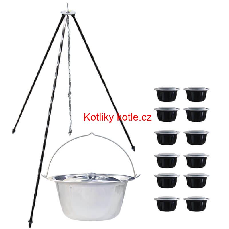 Nerezový kotlík 10 L (0,8 mm) INOX + poklice + trojnožka 1,20 m + misky 12 ks
