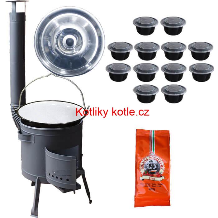 Smaltovaný kotlík 25 L (1,2 mm) + poklice + misky 12 ks + nízká žáruvzdorná kotlina (0,8 mm) 42 PLUS 600