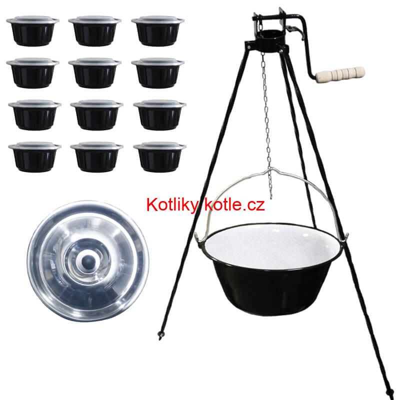 Smaltovaný kotlík 13 L + stojan s kladkou VAR + misky 12 ks