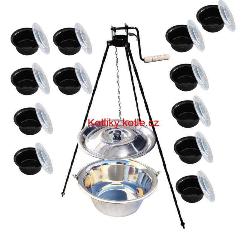 Nerezový kotlík 14 L (0,8 mm) INOX + stojan s kladkou VAR + misky 12 ks