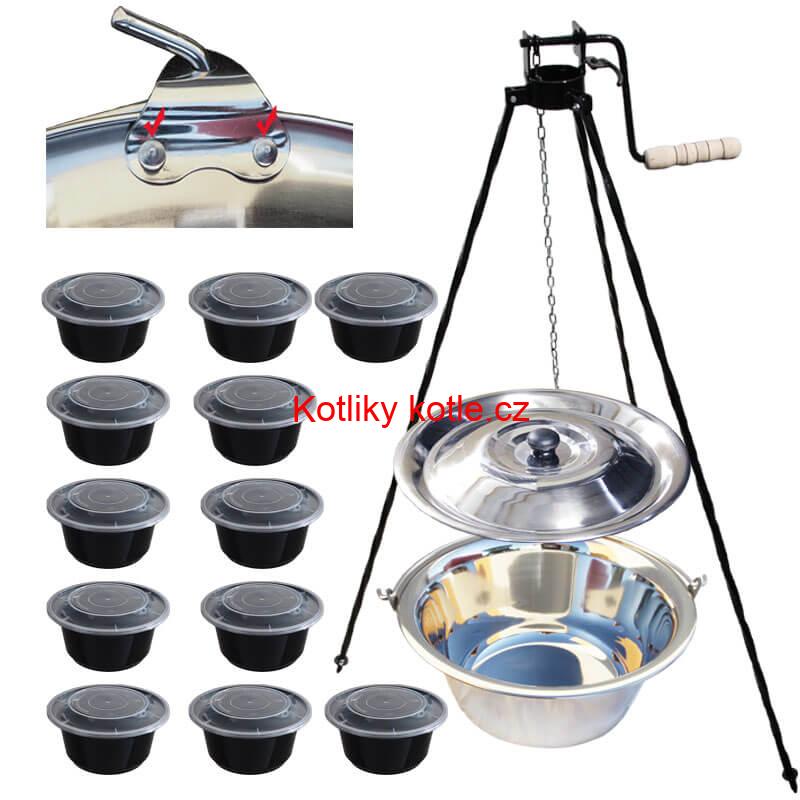 Nerezový kotlík 15 L (0,8 mm) s nýty + stojan s kladkou VAR + misky 12 ks