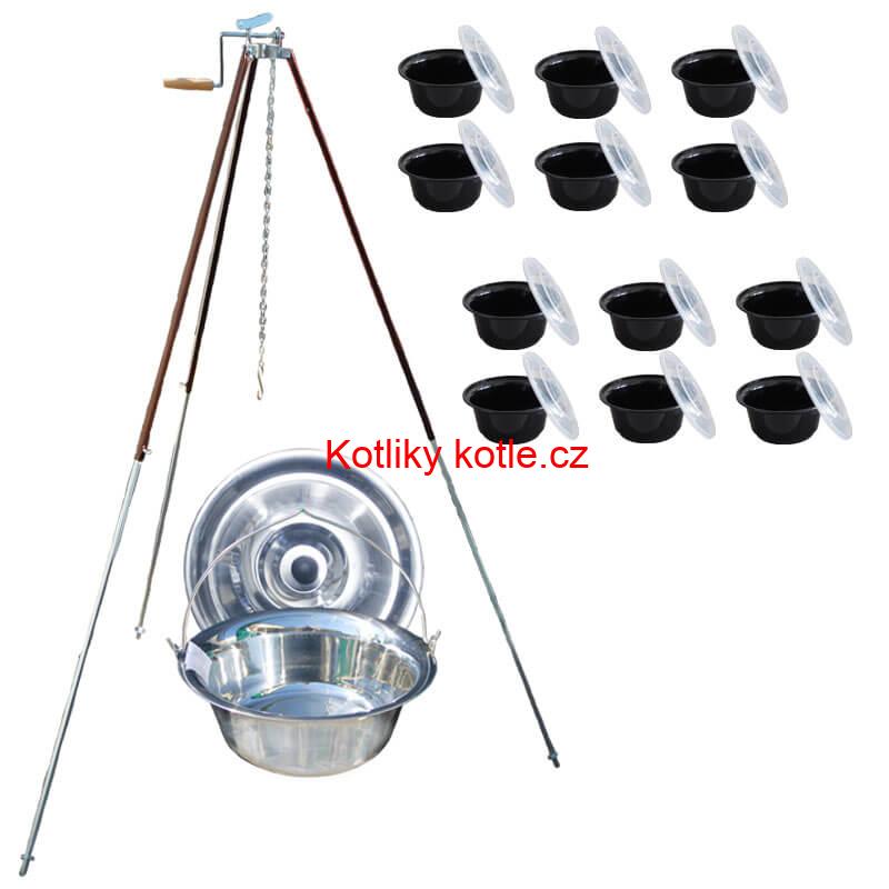 Nerezový kotlík 20 L (1,2 mm) + teleskopická trojnožka s pojistnou kladkou + misky 12 ks