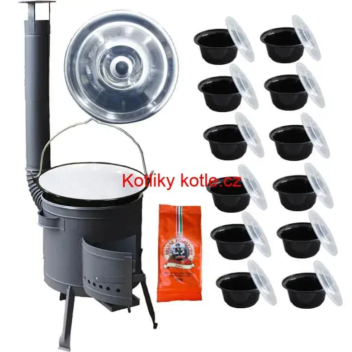 Smaltovaný kotlík 22 L (1,2 mm) + silnostěnná (1,5 mm) žáruvzdorná kotlina BALKY STRONG 42 PLUS 600 + plastové boxy (misky) 10 ks