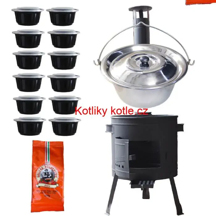 Nerezový kotlík 22 L (0,8 mm) INOX + silnostěnná (1,5 mm) žáruvzdorná kotlina BALKY STRONG 42 PLUS 600 + misky 12 ks + paprikové koření na guláš 100 g