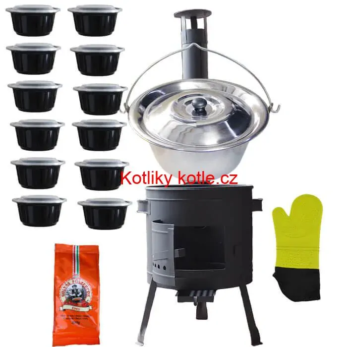Nerezový kotlík 22 L (0,8 mm) + misky 12 ks + nízká žáruvzdorná kotlina (1,0 mm) 42 PLUS 600